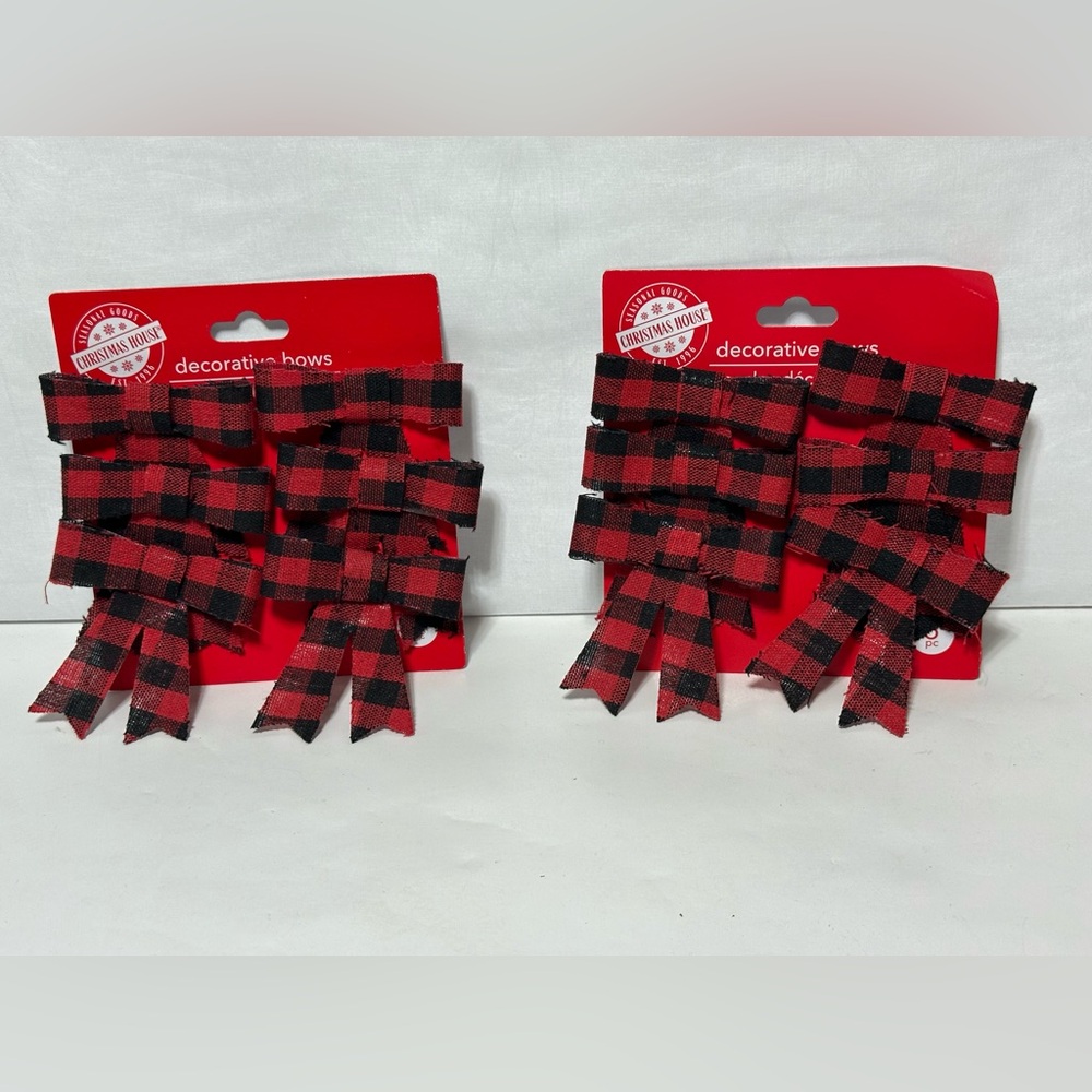 CHRISTMAS Holiday Small DECORATIVE BOWS Buffalo Check RED BLACK Plaid 6Pc Pack